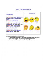 English Worksheet: MOODS AND EMOTIONS (A poem + a Pictionary + Questions)