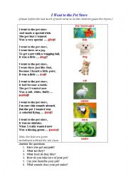 English Worksheet: PET STORE (A riddle-poem for kids to guess the pets by their descriptions)