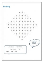 English Worksheet: My Body puzzle find words game with Doraemon