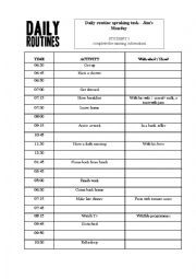 English Worksheet: Daily routine - speaking - filling missing information