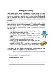 English Worksheet: Reading Comprehension  Energy Efficiency