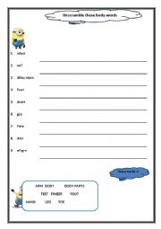 English Worksheet: Unscramble body words with Minion