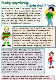 English Worksheet: 3 stories about 3 families
