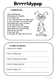 English Worksheet: reading on body parts and can for ability (2 Pages)