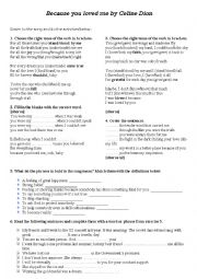 English Worksheet: Because you loved me by Celine Dion