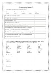 Personality worksheet - definitions and describing fairy tales characters,