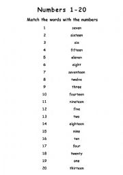 English Worksheet: Match the words with the numbers (numbers 1-20)