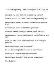 English Worksheet: First Day Speaking Questions (Int and UI)