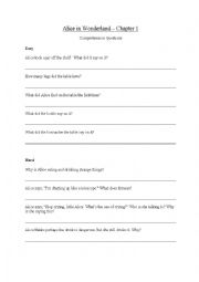 English Worksheet: Alice in Wonderland Chapter 1 Comprehension