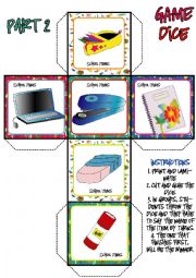 English Worksheet: School Items DICE GAME (2-3)