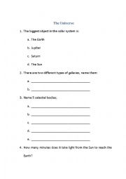 English Worksheet: The Universe Questionnaire 