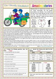 English Worksheet: AMAZING STORIES The Ghostly Hitchhiker (Easy Reader + Voca and Ex + KEY) 5/