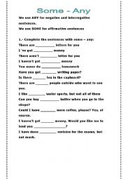 English Worksheet: some/any