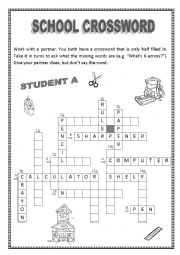 English Worksheet: School Crossword - Pair Work A and B