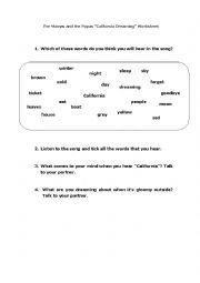 English Worksheet: California Dreaming Song Worksheet