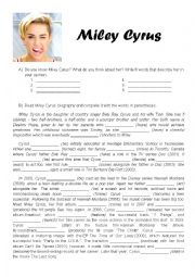 English Worksheet: Miley Cyrus Biography + Wrecking Ball Song Worksheet