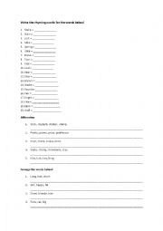 English Worksheet: rhyming words and alliteration