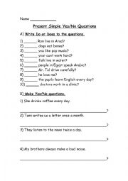 English Worksheet: Present Simple Yes/No Questions