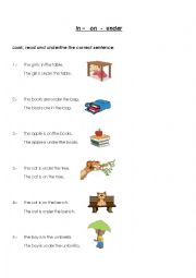 English Worksheet: in on under