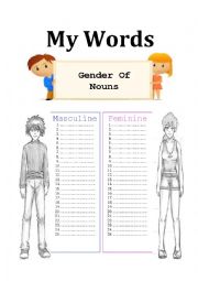 English Worksheet: My Words (Gender Of Nouns)