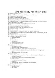 English Worksheet: first day checklist