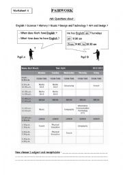 English Worksheet: PAIRWORK on School TIMETABLE