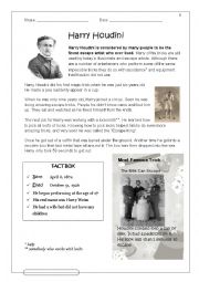 English Worksheet: Harry Houdini Reading Comprehension