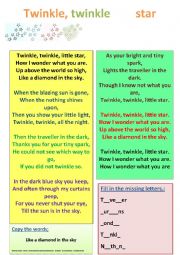 English Worksheet: Twinkle Twinkle song and exercises, plus answer sheet.