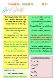 Twinkle Twinkle song and exercises, plus answer sheet.