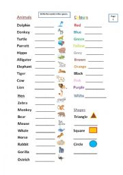 English Worksheet: Animals, Colours, Clothes, Shapes worksheet.