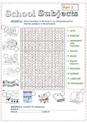 English Worksheet: school subjects and days of the week