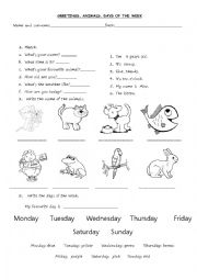 English Worksheet: GREETING, ANIMALS and DAYS OF THE WEEK REVISION