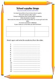 English Worksheet: School supplies bingo