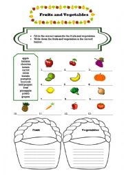 English Worksheet: Name different kinds of fruits and vegetables (key included)