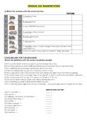 English Worksheet: VEHICLES, TRANSPORTATION, MECHANICS (voca, match, definitions)