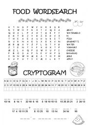 English Worksheet: Food wordsearch and cryptogram