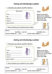 English Worksheet: Interviewing and introducing a partner- for beginners