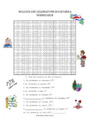 English Worksheet: Holidays and Celebrations In Costa Rica Wordsearch