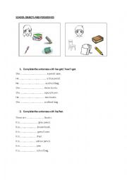 English Worksheet: school supplies and possessives
