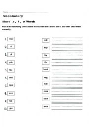 English Worksheet: Short   a ,  i  ,  o  Words