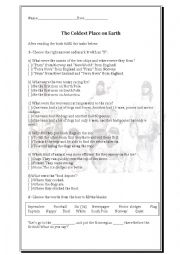 English Worksheet: The Coldest Place On Earth - Book exercise (KEY included)