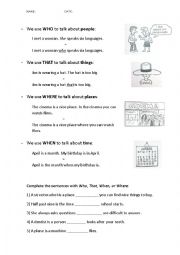 English Worksheet: Relative clauses - who, that, when, where