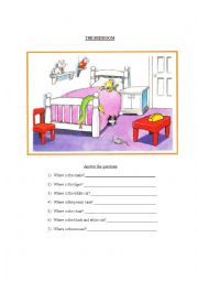 English Worksheet: Bedroom + where is + prepositions