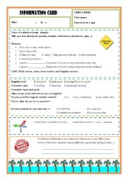 English Worksheet: Beginning of schoolyear information card