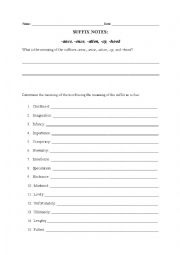English Worksheet: -ance, -ence, -ation, -cy, -hood suffix notes