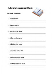 English Worksheet: Library Scavenger Hunt