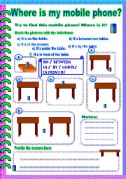 English Worksheet: Where is my mobile phone? Use of prepositions.