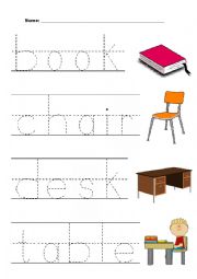 English Worksheet: Classroom objects pre-writing worksheet