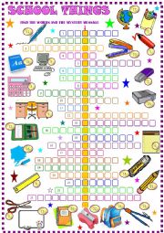 English Worksheet: School things , crossword puzzle with hidden message