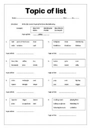 English Worksheet: Topic of list
